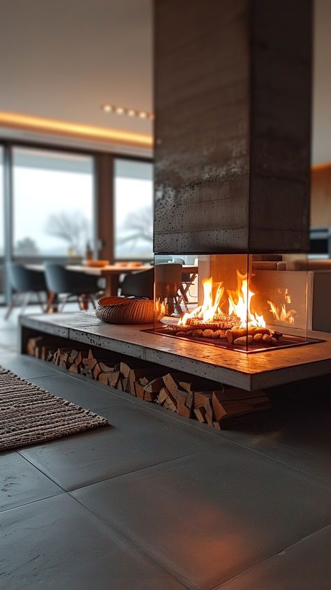 Cozy Indoor Fireplace: A modern living space featuring a warm, inviting fireplace with neatly stacked wood underneath. #fireplace #interior #modern #cozy #warmth #aiart #aiphoto #stockcake ⬇️ Download and 📝 Prompt 👉 https://ayr.app/l/DdCU Fireplace Centre Of Room, Large Freestanding Fireplace, Fireplace Luxury Modern, Modern Hanging Fireplace, Indoor Gas Fireplace Modern, Wood Fireplace Modern Design, Fireplace Midcentury Modern, Mid Room Fireplace, Home Interior Design Fireplace