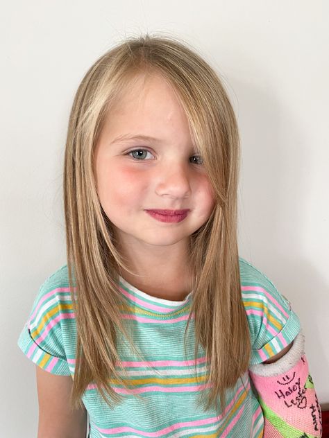 Kids Hair Cuts For Girls Medium Shoulder Length, Layered Hair For Girls Kids, Kids Hair Cuts Girls Long, Kid Hair Cut Girl, Toddler Girl Long Haircut, Girl Layered Haircut Kids, Kids Hair Cuts With Bangs, Girls Haircut Kids Long, Hair Cuts For 6 Year Girl