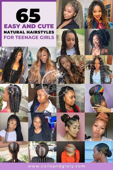 65 Easy Natural Hairstyles For Teenage Black Girls in 2023 - Coils and Glory Winter Protective Styles, Black Teenage Girl, College Hair, Teen's Hairstyles, Easy Natural Hairstyles, Protective Styles For Natural Hair, Colored Box Braids, Cornrows Braids For Black Women, Teenage Hairstyles