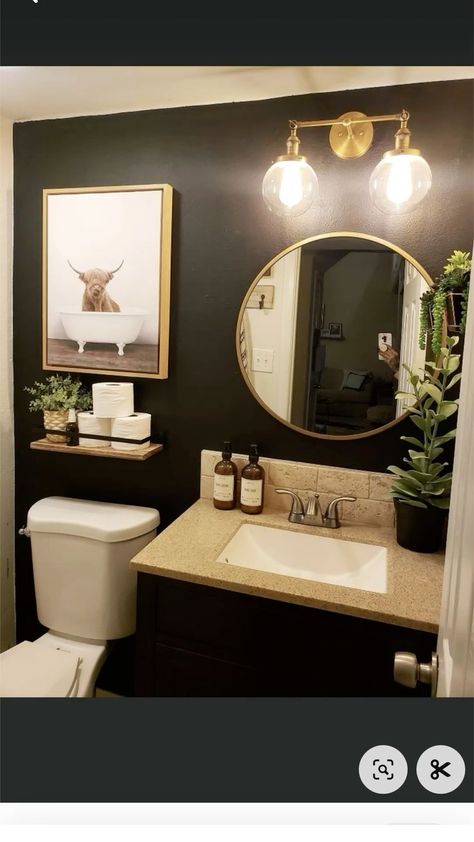 Black And Tan Bathroom, Black Half Bathroom, Gold Bathroom Rugs, Japandi Bathroom Ideas, Dark Brown Bathroom, Japandi Bathroom Design, Tan Bathroom, Black Powder Room, Luxury Powder Room