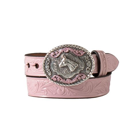 Pink leather tooled belt with silver oval belt buckle that had pink accents and a horse head in the center Girls Belt, Combat Boots Heels, Girls Belts, Felt Cowboy Hats, Cowboy Belt, Concert Fashion, Silver Belt, Infant Girls, Boot Jewelry