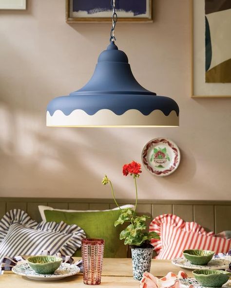 David Hunt Lighting on Instagram: "Our pretty SCALLOP pendant features a unique metal spinning, combining a traditional bell top with a contemporary unrolled straight edge. Shown in a two-tone special edition finish of ‘Woad’ & ‘Tusk’ by @littlegreenepaintcompany, the SCALLOP pendant light is available in a wide range of colours of contrasting and complementary shades and is also available in bespoke finishes. Styling @sallydenningstylist Photography @chriseverard & cushions & napkins @amus Unfitted Kitchen, Bell Top, Metal Spinning, New Kitchen Designs, Sustainable Kitchen, Persian Blue, Bespoke Lighting, English House, Straight Edge