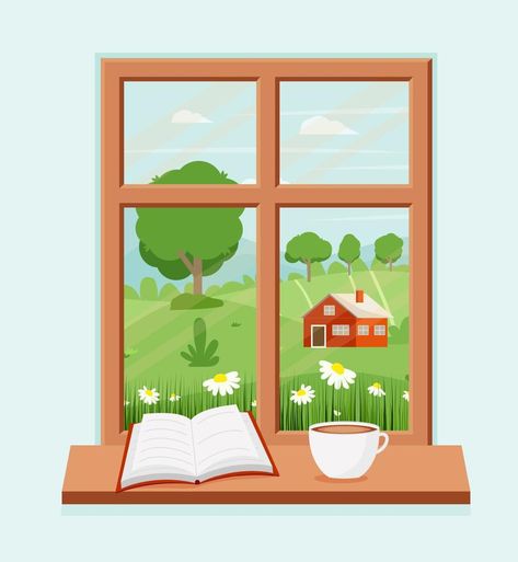 Spring window with landscape with a book and a coffee cup on the sill. Vector illustration in flat style Spring Cartoon, Spring Illustration, Spring Window, House Window, Coffee Packaging, Global Art, Flat Style, Flat Illustration, Free Downloads