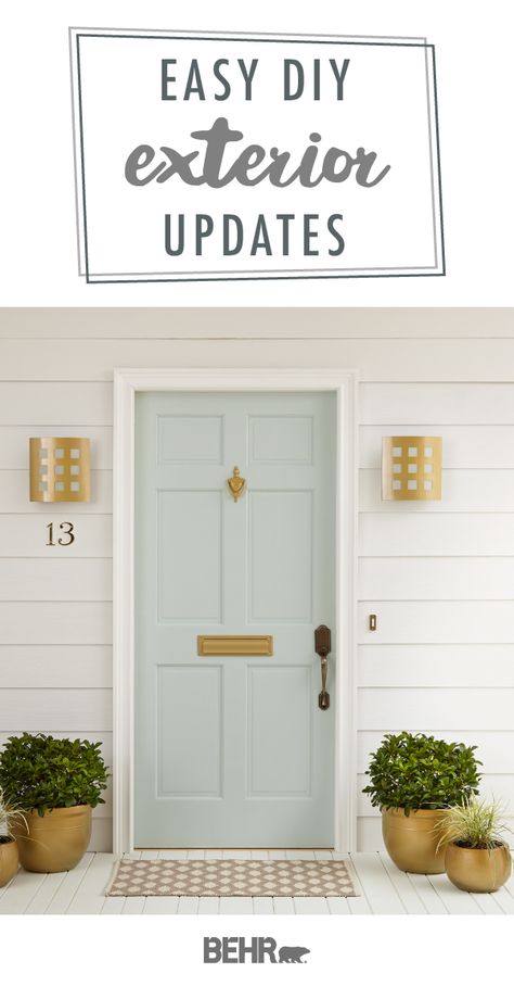 Blue Exterior Door Colors, Traditional Front Porch, Gold Light Fixtures, Exterior Home Makeover, Exterior Door Colors, Diy Exterior, Home Styles Exterior, Color Of The Month, Ombre Wall