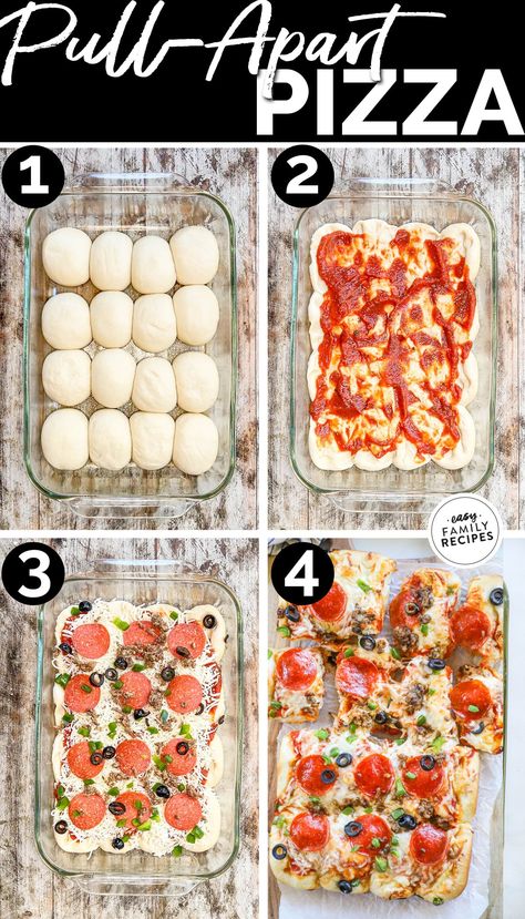 Pizza night is SO fun with this easy pull-apart version! My kids love making this pull apart pizza bread almost as much as they love eating it. All you need is frozen dinner rolls, pizza dough, or biscuit dough, your family’s favorite pizza toppings, and a baking dish to make a tearable, easy-to-share pizza. It’s the perfect recipe to cook with kids and makes an excellent weeknight dinner. Or it can be a game day appetizer, a shareable party food recipe, or just a snack for your hungry kids! Shareable Food Easy Recipes, Pull Apart Pizza Bread Pillsbury Crescent Rolls, Bubble Pizza Recipe Biscuits, Pizza Dough Appetizers, Pillsbury Pizza Dough Recipes, Pizza Pull Apart Bread, Pizza Pull Apart, Cheesy Pull Apart Bread, Pull Apart Pizza