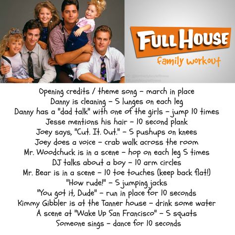 Full House workout. TV workout for the whole family. exercises for kids, kid exercises, kid-friendly fitness, healthy kids, healthy family Tv Workout Challenge, Family Exercises, Kid Exercises, Workouts For Kids, House Workout, Tv Workout, Tv Show Workouts, Movie Workouts, Tv Workouts