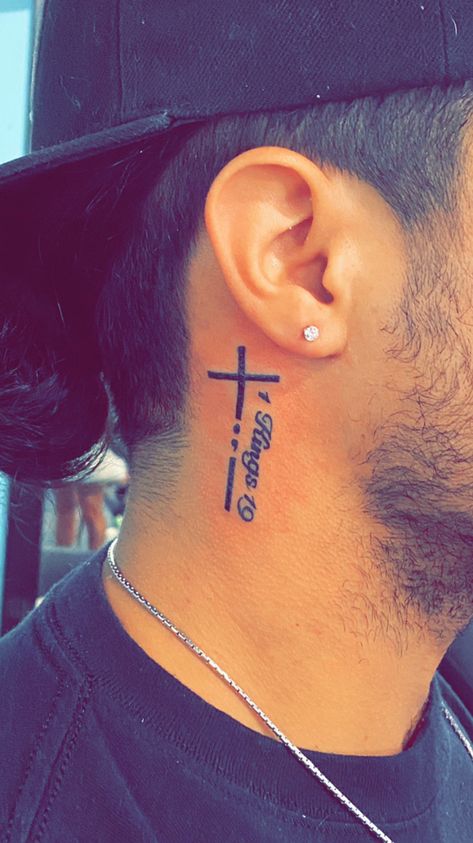 Guy Behind Ear Tattoo, Christian Neck Tattoos For Men, Men Neck Tattoo Small, Neck Tattoo For Guys Small Words, Men’s Tattoo Behind Ear, Tattoos Behind The Ear For Men, Cross Tattoos For Men Neck, Under Ear Tattoo Men, Side Neck Tattoo For Guys Small