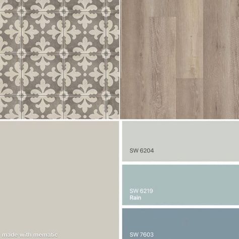 Blue Grey White Brown Color Palette, Cabinet Wood Colors, House Color Palettes, Interior Design Boards, House Color Schemes, Paint Color Palettes, Sherwin Williams Paint Colors, Grey Flooring, Interior Paint Colors