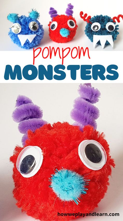 Pompom Monster Craft, Pom Pom Monsters For Kids, Pom Pom Arts And Crafts, Monster Storytime, Pompom Monster, Pom Pom Monsters, Pompom Crafts, Easy Paper Crafts For Kids, Monster Craft