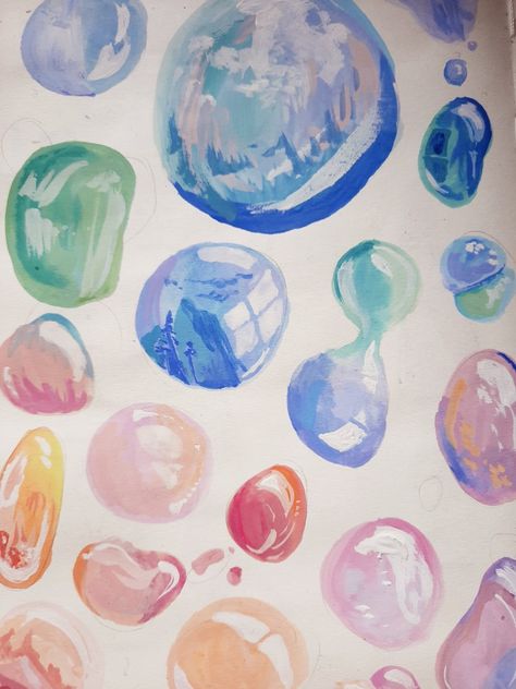 gouache bubbles in sketchbook Bubble Painting Watercolor, Watercolor Art Bubble, Bubble Drawing Reference, Bubble Colored Pencil, Bubble Oil Pastel, How To Paint Bubbles Watercolor, Color Pencil Bubbles, Gouache Bubbles, Bubble Watercolor Painting