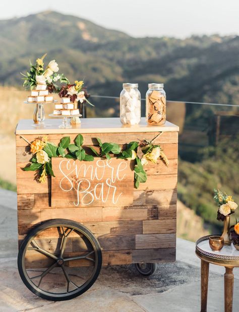 Wedding Bar Cart, Smores Bar, Bar Deco, Wooden Cart, Wedding Reception Food, S'mores Bar, Wedding Rentals, Wedding Business, Green Wedding Shoes