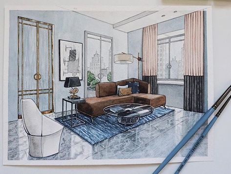 Design and watercolor sketch of the living room by @atomorfen Coffee table and the armchair by Christophe Pillet. Sofa from Ditre Italia.… Interior Design Sketchbook, Furniture Design Sketches, Perspective Drawing Architecture, Interior Design Renderings, Interior Architecture Drawing, Round Wood Dining Table, Interior Design Drawings, Architecture Sketchbook, Interior Design Sketches