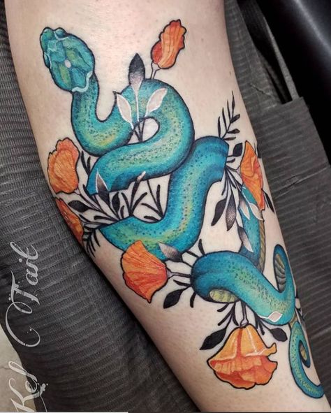 Tattoo Ideas With Flowers, Snake And Flowers Tattoo, Snake Tattoo Ideas, Traditional Snake Tattoo, Snake Flower, Snake Tattoo Design, Flowers Tattoo, Tattoo Portfolio, 1 Tattoo