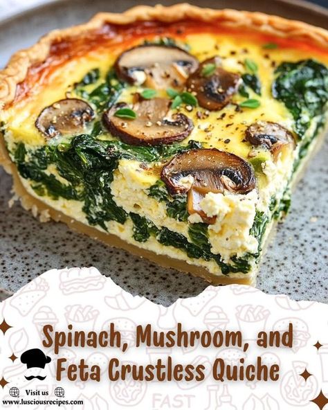 Luscious Recipes | Spinach, Mushroom, and Feta Crustless Quiche   | Facebook Spinach And Mushroom Quiche, Spinach Mushroom Quiche, Luscious Recipes, Recipes Spinach, Ricotta Spinach, Spinach And Mushroom, Mushroom Quiche, Spinach Mushroom, Greek Desserts