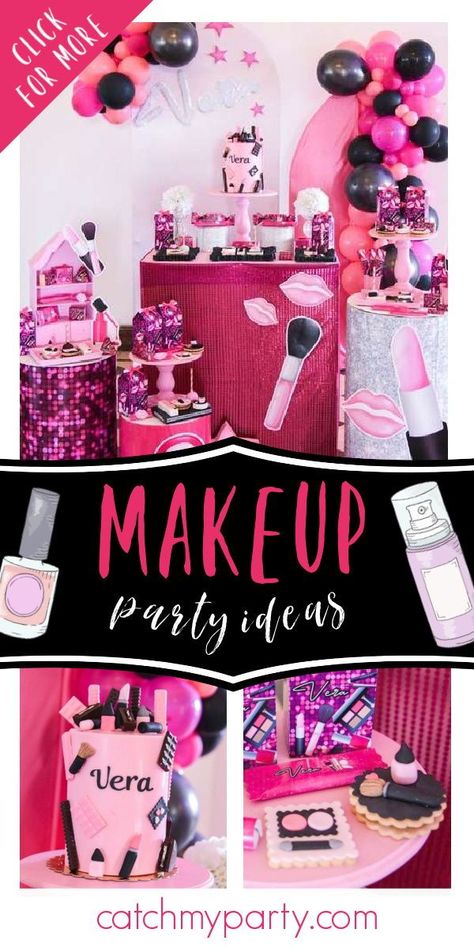 Makeup Decorations Party, Eyelash Party Ideas, Makeup Party Theme, Lipstick Party Theme, Makeup Theme Birthday Party Decorations, Makeup Party Games, Make Up Theme Birthday Party, Make Up Themed Birthday Party Ideas, Cosmetology Party Ideas