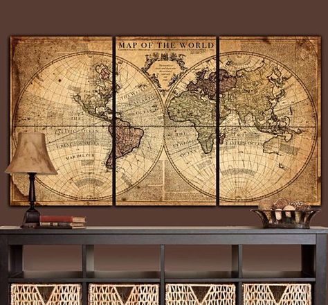 Map Canvas Painting, Vintage Maps Art, Gold Map, Map World, Vintage Industrial Decor, Cow Canvas, World Map Art, World Map Canvas, Map Wall Decor