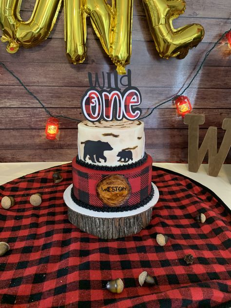 Wild One Lumberjack First Birthday Cake, Lumberjack Birthday Cake, Wild One Lumberjack First Birthday, Lumberjack First Birthday Cake, First Birthday Camping Theme, Two Tier Birthday Cake, Woodland Birthday Cake, Tier Birthday Cake, Lumberjack Cake