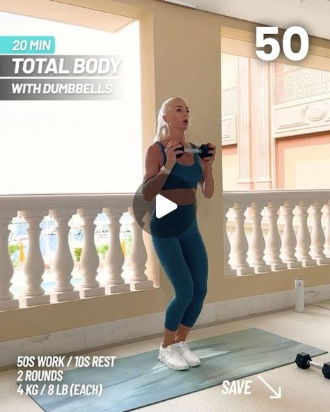 Viktorija Krisjansone on Instagram: "20 Min Total Body with Dumbbells Workout at Home. 
 
✅ Do each exercise 50 Sec. Take 10 Sec breaks in between exercises. Take 1 min break in between rounds. 
 
🔁 Repeat this workout 2X. 
 
🟣 I’m using 4KG / 8LB dumbbells (Each) 
 
Share your love by leaving a like or comment. ❤" Intense Full Body Workout, Full Body Workout With Weights, Dumbbells Workout, 20 Min Workout, Dumbbell Workout At Home, Body Fitness, Dumbbell Workout, Break In, Total Body