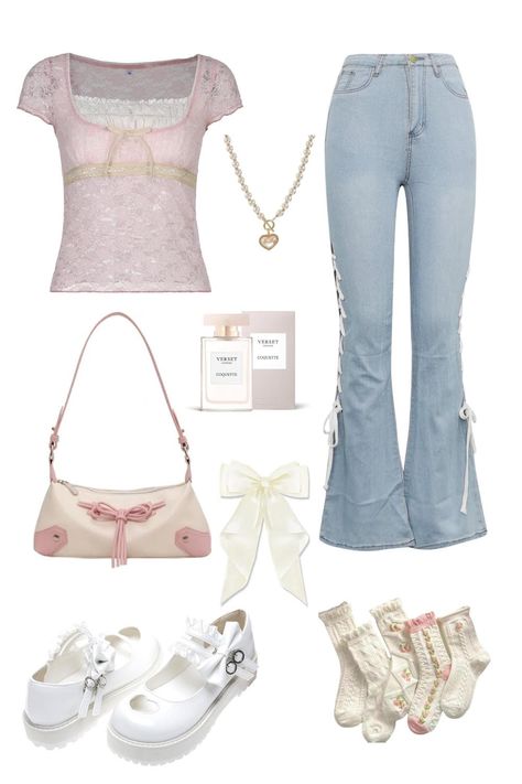 The image shows a pale pink, short-sleeved lace top with a square neckline and yellow trim, light blue flared jeans with lace-up sides, a creamy satin hair bow, white platform Mary Jane shoes with a heart-shaped detail, a white and pink handbag with bow and tassel, a pearl necklace with a heart pendant, and a set of decorative socks in white and pink with floral patterns. Mary Jane Outfit, Mary Jane Shoes Outfit, Mary Jane Shoe, Spring Outfit Ideas, Coquette Pink, Jane Shoes, Shoes With Jeans, Girly Fashion, Flared Jeans