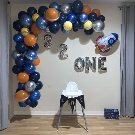 Twin Space Birthday, Space Theam Birthday Party Decorations, Astronauts Birthday Party Ideas, Outer Space 2nd Birthday Party, One Space Birthday, 1st Birthday Outer Space Theme, Space Theme 1st Birthday Cake, 1st Birthday Astronaut Theme, First Blast Off Birthday