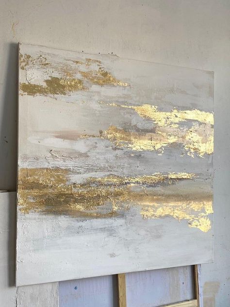 Modern Abstract Painting Diy, Abstract Canvas Art Acrylics, Painting Gold Leaf, Wall Art Gold Leaf, Gold Art Painting, Abstract Painting Techniques, Canvas For Beginners, Leaf Painting, Gold Painting