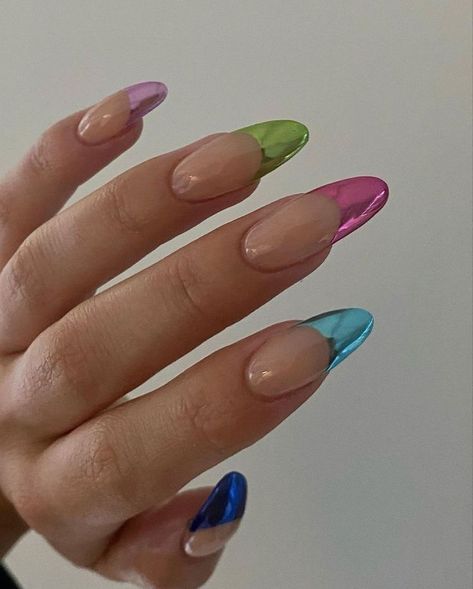 A playful and vibrant nail design featuring transparent acrylic nails with multicolored tips in pink, green, blue, and purple. The perfect fun and creative look for summer or festival season. Purple Chrome French Tip Nails, Transparent Acrylic Nails, Colorful Nail Tips, Chrome French, Creative Look, Nails Colorful, Colorful Nail, Vibrant Nails, Metallic Nails