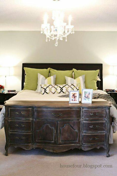 Dresser as a footboard. I love doing this but I especially love this dresser Dresser At End Of Bed, Awesome Furniture, Bed Dresser, Bedroom Bliss, Pets Diy, Book Shelves, Up House, Cool House Designs, Bed Room