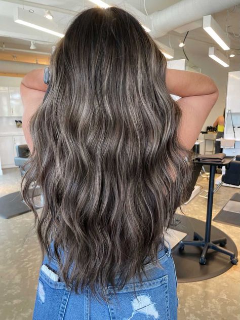 Dark Hair With Light Dimension, Ashy Brown Balayage On Dark Hair, Dimensional Balayage Ashy, Dark Ash Blonde Balayage On Black Hair, Brown Hair Inspo Short, Dark Brown Bolyoge Hair, Ash Blonde Balayage Dark Hair, Dark Brown Hair With Silver Balayage, Dark Brown Hair Ash Blonde Highlights