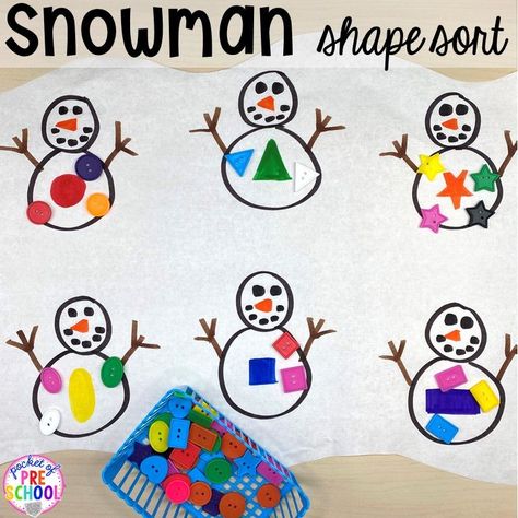 Butcher Paper Activities Preschool Winter, Shape Snowman Crafts Preschool, Winter Prek Theme, Snow Man Activities Preschool, Snowman Shapes Preschool, Snowmen Theme Preschool, Butcher Paper Activities Preschool Christmas, Snow And Ice Theme Preschool, Snowman Lesson Plans Preschool