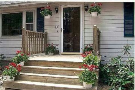 Lake Front Decks, Wide Front Doors, Front Door Ideas, Front Door Steps, Front Porch Steps, Porch Kits, Building A Porch, Front Porch Design, Mobile Home Porch