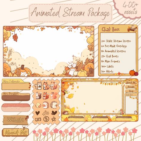 Fall Cozy Twitch overlay, Stream package , Twitch stream package , Animated twitch overlay, Stream screens, Twitch alerts, Twitch screens 🍂 Embrace the cozy vibes of autumn with our Fall Stream Twitch Overlay Pack, designed to elevate your streaming ambiance. Introducing our animated Fall Stream Twitch Overlay Pack. Immerse yourself in the warmth of autumn leaves, golden hues, and rustic aesthetics. Tailored for Twitch, these overlays aim to infuse your stream with the inviting atmosphere of fa Cozy Stream Overlay, Stream Overlay Design, Fall Overlay, Vtuber Room, Stream Layout, Cute Twitch Overlay, Stream Elements, Vtuber Overlay, Overlay Ideas