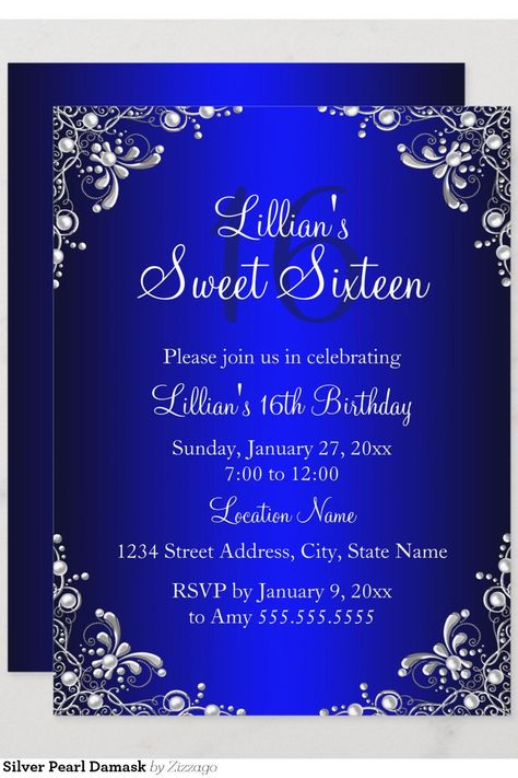 Royal Blue Sweet 16 Silver Pearl Damask Invitation Royal Blue And Silver Sweet 16 Decorations, Royal Blue Invitations, Royal Blue And Silver Quince Invitations, Blue Sweet 16 Invitations, Sweet 16 Invitation Ideas Royal Blue, Blue And Silver Invitations, Blue Sweet 16, Sweet 16 Themes, Blue Invitation