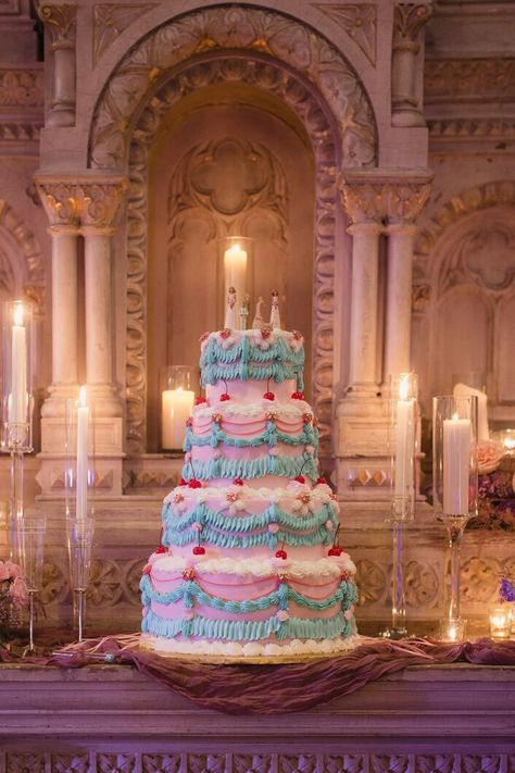 How One Film Director Created a Celebration of Cinema for Her Wedding at Hotel Peter & Paul in New Orleans Pink And Blue Vintage Cake, Overpiped Wedding Cake, Pink And Blue Wedding Cake, Sansa Hair, Angelica Aesthetic, Moonrise Kingdom Wedding, Whimsical Wedding Cake, Cinderella Wedding Cake, Princess Wedding Cakes