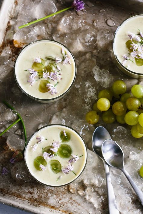 Recipe: White Gazpacho | Kitchn White Gazpacho Recipe, White Gazpacho, Summer Potluck Recipes, Tomato Gazpacho, Summer Potluck, Gazpacho Recipe, Chilled Soup, Summer Soup, Garlic Soup