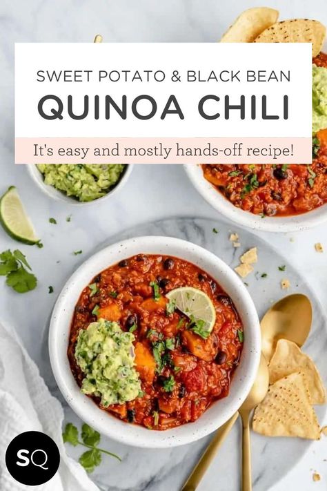 Sweet Potato Quinoa Chili Crockpot, Black Bean Sweet Potato Quinoa Chili, Sweet Potato Chili Crockpot, Vegetarian Chili Recipe Crockpot, Sweet Potato Quinoa Chili, Easy Sausage Dinner Recipes, Black Bean Quinoa Chili, Quinoa Chili Recipe, Shred 10