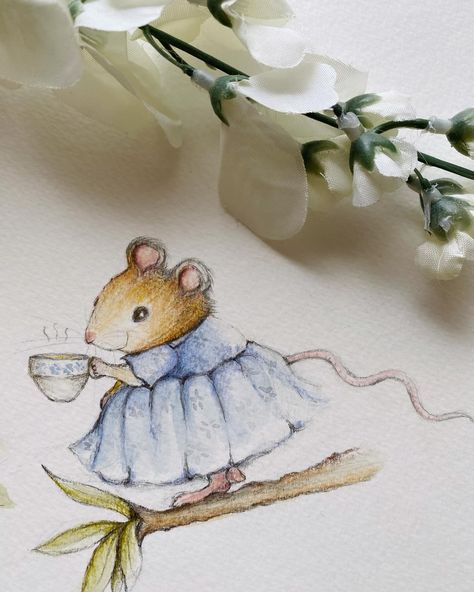 How To Draw A Mouse, Mouse Illustration Drawing, Cute Mouse Illustration, Knitting Cartoon, Mouse Drawings, Mouse Watercolor, Whimsical Drawings, Cottage Core Art, Mouse Illustration