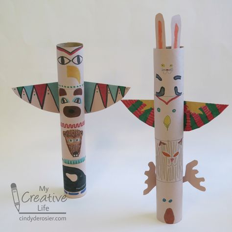 Check out the totem poles that Trevor and I made! We discovered this fun craft in the Little Passports Alaska Journal (affiliate li... Totem Poles For Kids, Totem Pole Craft, Crafts Cardboard, Native American Art Projects, Totem Pole Art, Cardboard Tube Crafts, Diy Totem, Pole Art, Totem Poles