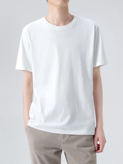 White Basics  Short Sleeve Cotton Plain   Non-Stretch Summer Men Tops Plain Tshirt Outfit, Short Mockup, Tshirt Layout, Plain White Tshirt, White Tshirt Outfit, White Tee Men, White T Shirt Men, Plain Tee Shirts, Plain White Shirt