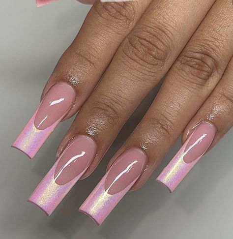 Pink Holographic French Tip Nails, Unicorn French Tip Nails, Irridecent Design Nails French, Pink Iridescent French Tip Nails, Iridescent French Tips, Iridescent French Nails, Pink Holographic Nail Designs, Iridescent Nails French Tip, Holographic Nails French Tip