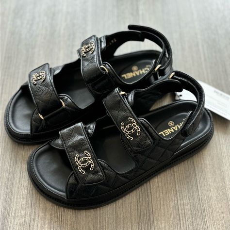 This Is An Authentic Pair Of Chanel Grained Calfskin Velcro Dad Sandals 37 Black. These Stylish Sandals Are Crafted Of Black Calfskin Leather And Feature Black Leather Velcro Straps With Black Resin And Gold Cc Logo Buttons. These Are Excellent Sandals For A Timeless Look Only From Chanel Channel Sandals, Chanel Dad Sandals, Chanel Shoes Sandals, Chanel Clothes, Shoes Game, Fendi Sandals, Chanel Slides, Velcro Sandals, Dad Sandals