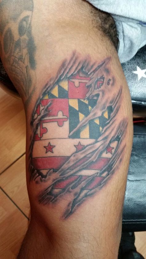 Washing D.C. and Maryland flags coming through ripped skin tattoo. Washington Dc Tattoo Sleeve, Maryland Flag Tattoo, Washington Dc Tattoo, Pearl Jam Tattoo, Baltimore Tattoo, Maryland Tattoo, Ripped Skin Tattoo, Washington Dc Flag, Dc Flag