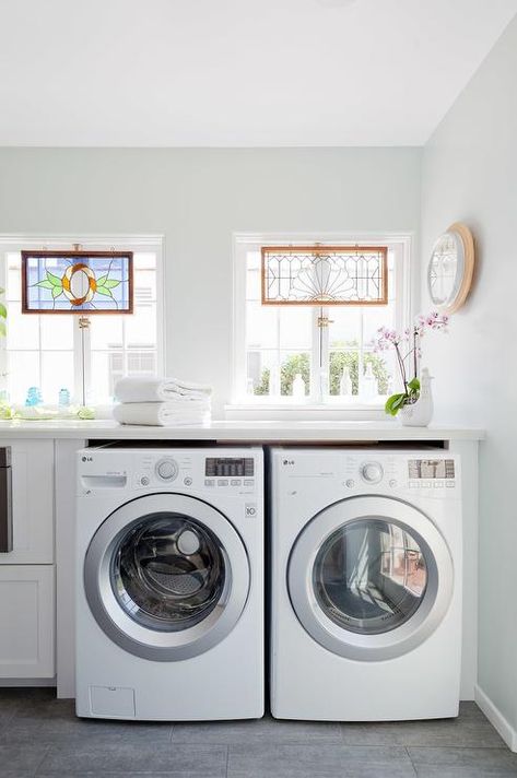 Enclosed Washer and Dryer Below Windows, Transitional, Kitchen Transitional Laundry Room, Grey Laundry Rooms, Blue Laundry Rooms, White Laundry Rooms, Small Floor Plans, Galley Style Kitchen, White Laundry, White Shaker Cabinets, Modern Laundry Rooms