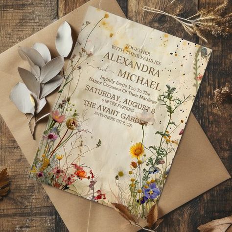 $1.98 | Boho Fall Wildflower Wedding #boho autumn wildflower botanical wedding, rustic elegant greenery, watercolor vintage antique floral, elegant fall, bohemian, soft muted earth tones, tan beige terracotta, pressed dried flowers, elegant, modern Fall Wildflower Wedding, Eclectic Wedding Invitations, Woodland Ferns, Port Renfrew, Cottage Core Wedding, Wildflower Decor, Wildflower Wedding Theme, Meadow Wedding, Fern Wedding