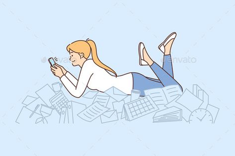 Procrastination Woman with Phone Lies on Documents Procrastination Illustration, Girl Office, Loyalty Cards, Office Worker, Post Instagram, Loyalty Card, Text Pictures, Mind Map, Drawing Lessons