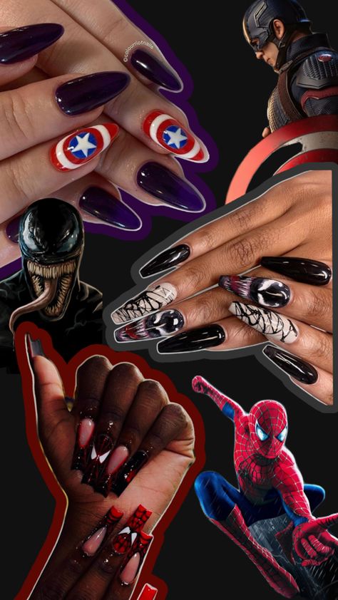 Marvel Nail Inspo #spiderman ##captainamerica #venom #venomnails Nail Inspo Spiderman, Venom Nail Art, Marvel Nail Art, Venom Nails, Marvel Nails, Anime Nails, Coffin Nails Designs, Cute Acrylic Nails, Venom