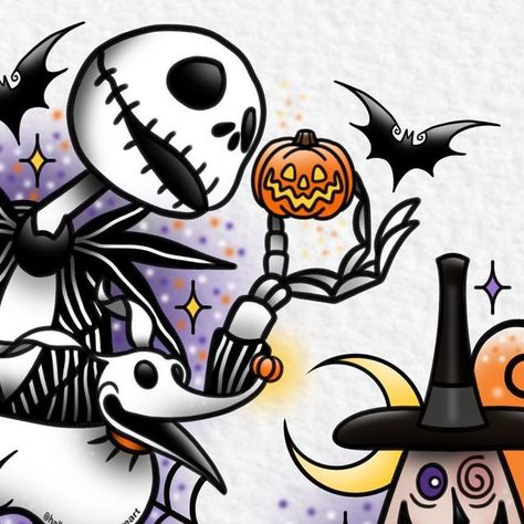 Mayor Tattoo Nightmare Before Christmas, Oogie Boogie Tattoo Design, Nightmare Before Christmas Tattoo Stencil, Jack Skellington Painting, Half Sleeve Tattoos Traditional, Nightmare Before Christmas Snowglobe, Bouquet Toppers, Nightmare Before Christmas Tattoos, Jack And Sally Tattoo