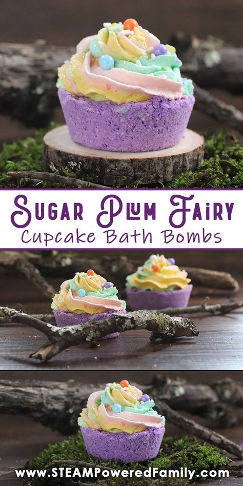 These magical Sugary Plum Fairy Cupcake Bath Bombs are so much fun to make and the result is stunningly beautiful. Perfect for gifting or using when you need a bit of fairy magic at the end of the day. The purple cupcake bottom is topped with wonderful, multi-coloured whipped icing soap, then sprinkled with candies. A great DIY project for teens and tweens. We have even included the science behind the fizz. #BathBombs #Fairy #CupcakeBathBomb Bath Bomb Recipe, Whipped Icing, Fairy Cupcakes, Purple Cupcakes, Bubble Baths, Cupcake Soap, Bombe Recipe, Homemade Cosmetics, Lush Bath