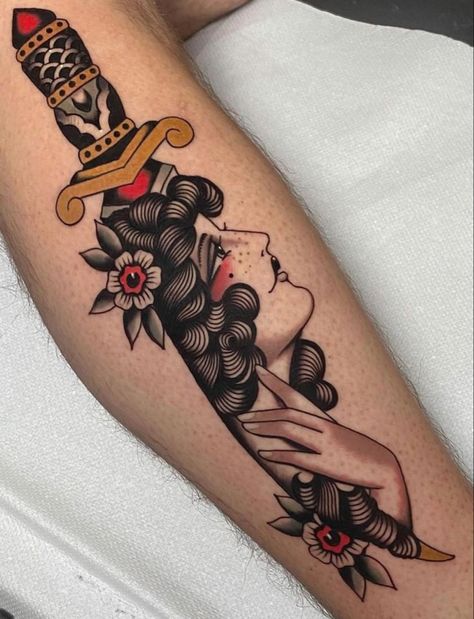 Traditional Tattoo Girls, Traditional Dagger Tattoo, Traditional Tattoo Woman, Traditional Tattoo Drawings, Traditional Tattoo Inspiration, Traditional Style Tattoo, Tattoo Traditional, Old School Tattoo Designs, American Tattoos