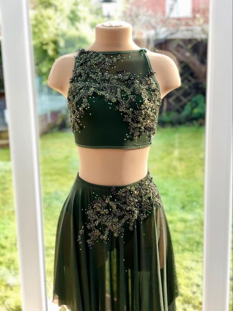 Green Jazz Dance Costume, Earth Dance Costume, Dance Competition Costumes Contemporary, Green Lyrical Dance Costumes, Dark Green Dance Costume, Contemporary Solo Costume, Contemporary Outfits Dance, Green Lyrical Costume, Dance Outfits Contemporary