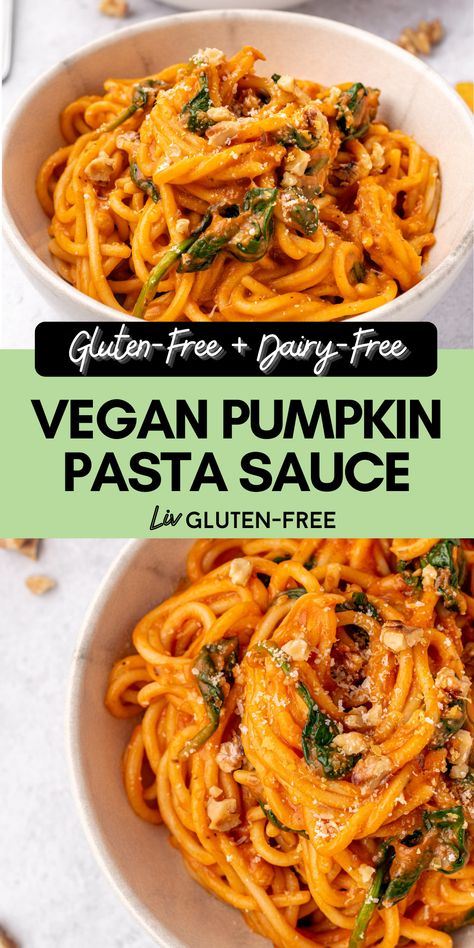 Pumpkin Pasta Sauce Recipe, Vegan Pumpkin Pasta, Vegan Autumn, Gluten Free Fall Recipes, Pumpkin Pasta Sauce, Fall Pasta, Autumn Dinner, Dairy Free Pasta, Pumpkin Pasta